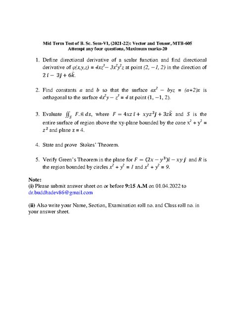 B. Sc. Mid Term Test Sem VI - Mid Term Test of B. Sc. Sem-VI, (2021-22 ...