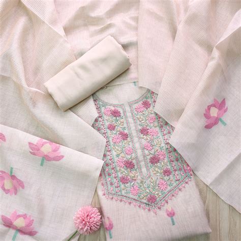Jamdani Flamingo Pink Thread Neck Work Jamdani Suit Set – Desisandook ...