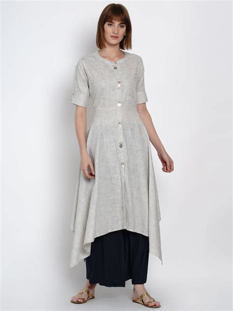 Grey A-line Cotton Kurta with Asymmetric Hem – Women Republic