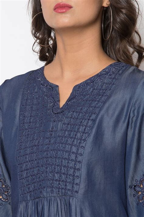 Denim Blue A-Line Cotton Yarndyed Dress at Biba India