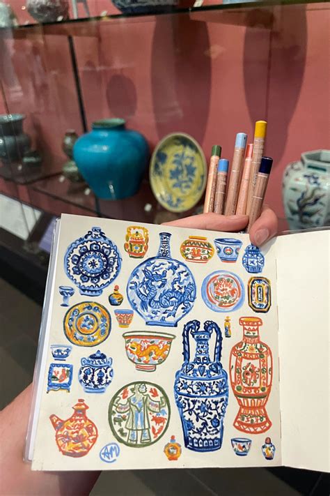 Chinese Ceramics - V&A Sketchbook Drawing on Location - Ceramic Coloured Pencil Illustration ...