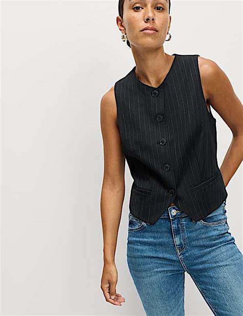 Buy Striped Collarless Waistcoat at Marks & Spencer