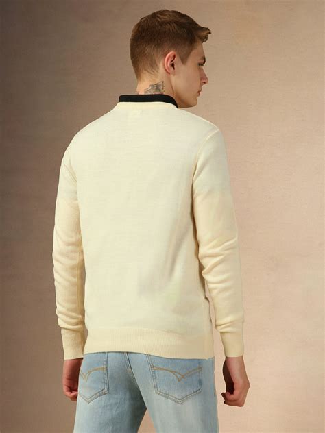 Men's Off White Crew Neck Full Sleeves Slim Fit Pullover Sweater ...