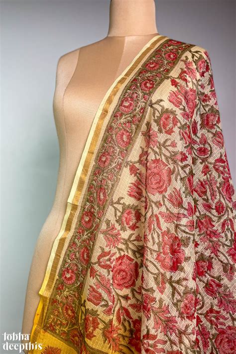 Sanganeri Florals Yellow Kota Doria Cotton Dupatta- Lobha Deepthis