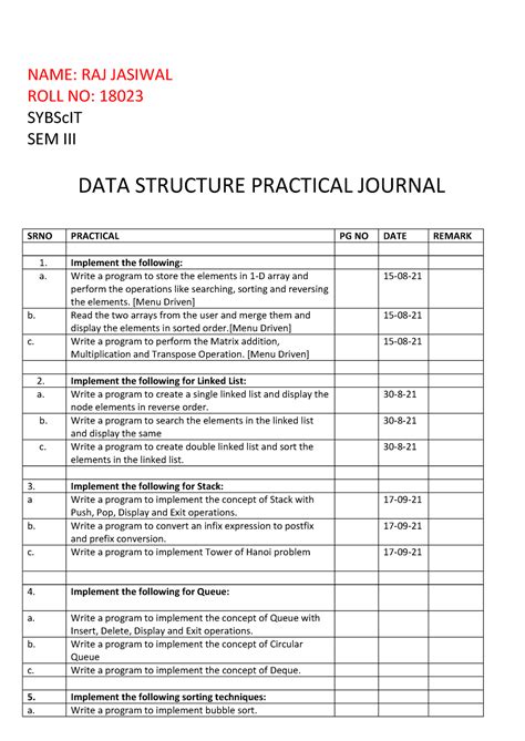 DATA Structure Practical Journal SEM3 - NAME: RAJ JASIWAL ROLL NO ...