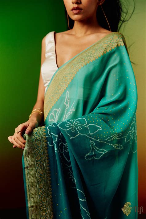 'Periwinkle' Teal Green Ombre Pure Georgette Banarasi Bandhani Handloo ...