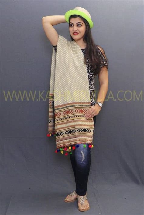 Fawn color knitting stole enriched with new kullu pattern