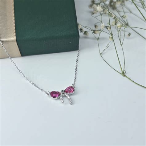 925 Sterling Silver Bow Pendant Necklace with Pink Crystals – Elegant ...