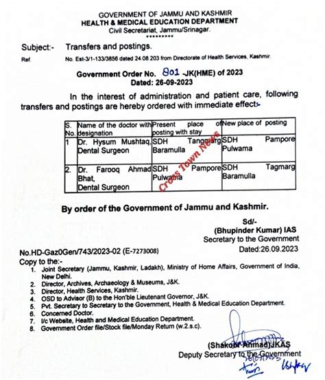 J&K Govt orders for transfer & postings of Doctors