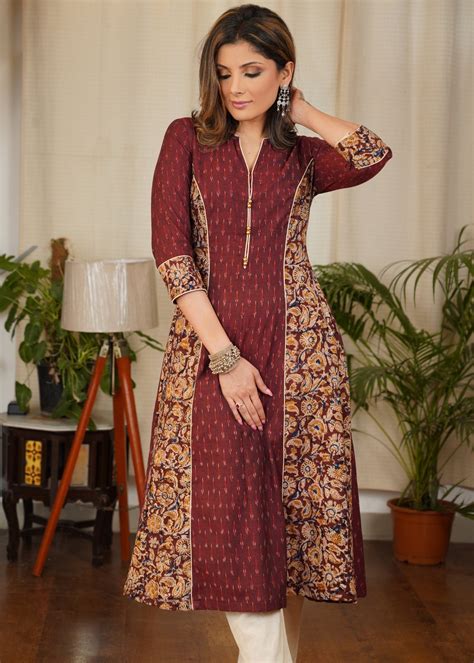 Unique A-Line Cotton Kalamkari and Ikat Combination Kurta with subtle ...