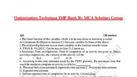 Optimization Techniques (OT) for IMP Bank - MCA Scholars Group Q1 - Studocu