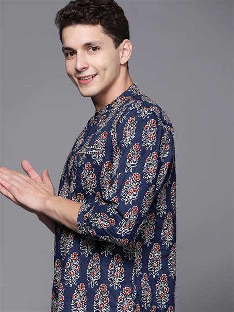 Indo Era Navy Blue Ethnic Motifs Cotton Straight Kurtas – indoera