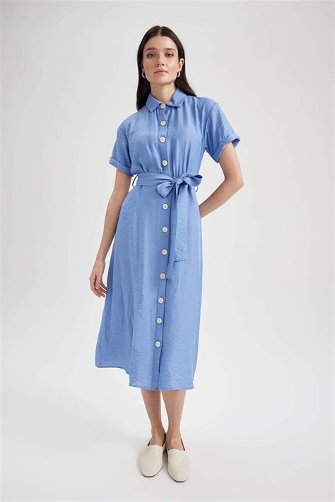 Blue WOMAN Shirt Collar Linen Look Midi Short Sleeve Dress 2738668 ...