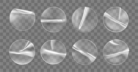 Transparent round adhesive stickers set isolated . plastic crumpled ...