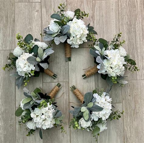 Boho Bridesmaid Bouquets, Rustic Hydrangea Premium White Roses Greenery ...