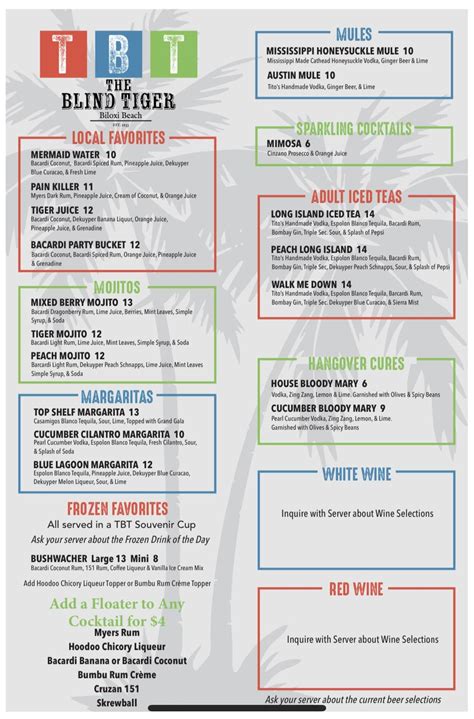 The Blind Tiger Menu