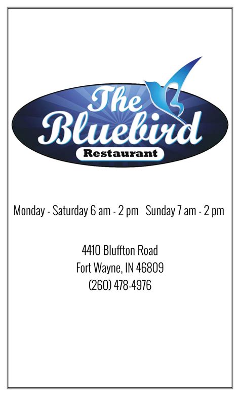 Menu at The Bluebird Restaurant, Fort Wayne