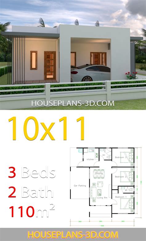 House Design 10x11 with 3 Bedrooms terrace roof - House Plans 3D ...