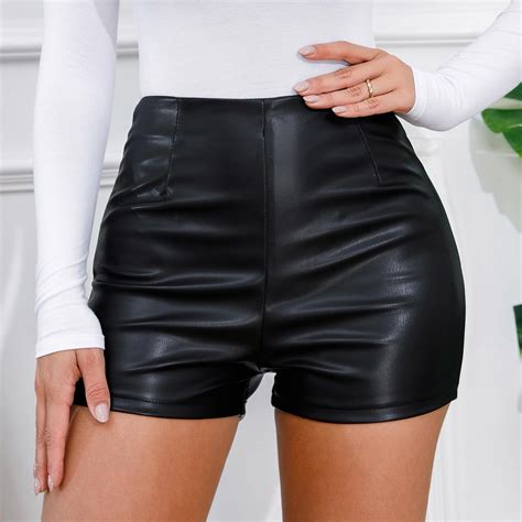 HAOTAGS Women's PU Faux Leather Shorts High Waist Shorts Stretchy ...