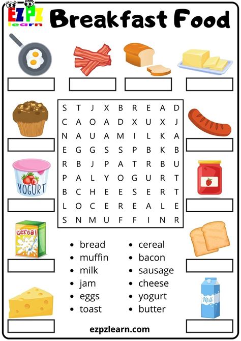 Breakfast Food Vocabulary Word Search and Word Match For Kids | Word ...