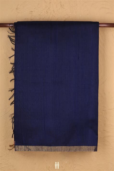 Raw Silk Saree In Plain Navy Blue With Zari Border
