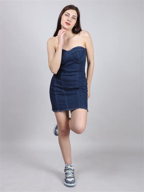 STRIPED STRAPLESS DENIM BODYCON MINI DRESS – SWISH'IN