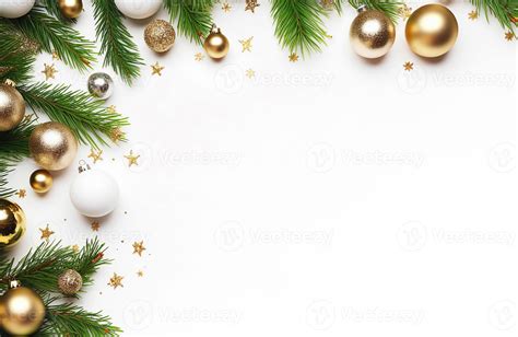 Christmas frame of pine and christmas decorations on white background ...