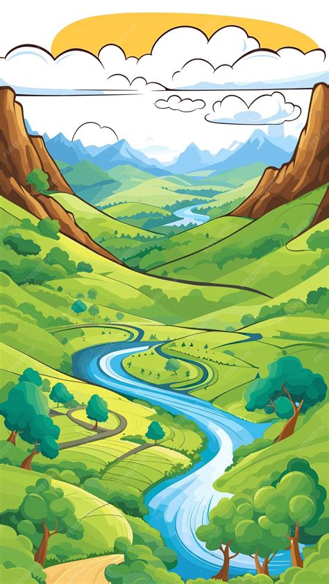 Premium Vector | Valley landscape drawing cartoon artwork vector