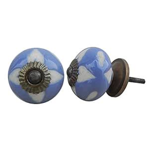 IndianShelf 2 Pack Blue Etched Ceramic Drawer Knobs for Kitchen Cabinet ...