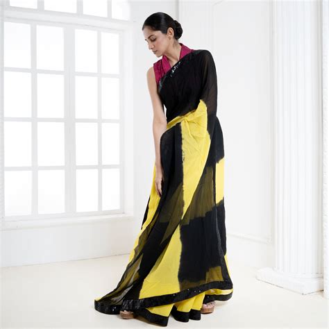 Yellow and black tie and dye georgette saree with sequin border – Boveee
