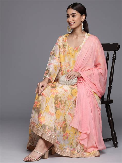 varanga women yellow floral printed round neck anarkali kurta with ...