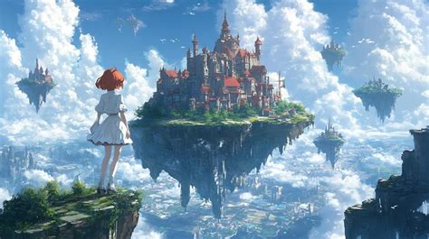 A woman gazes at a floating castle in the sky | Premium AI-generated image