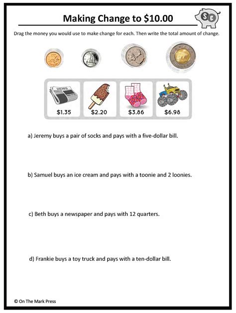 Making Change to $10 with Canadian Money - 4 Worksheets Grades 3-4 ...