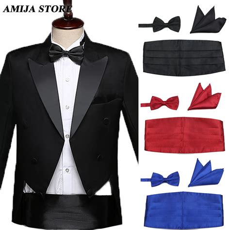 Colorful Mens Cummerbunds Bow Tie Pocket Square Set Black Red Waist ...