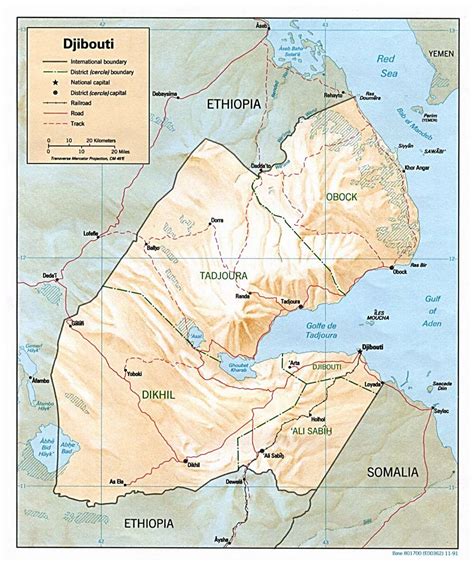 Detailed political and administrative map of Djibouti with relief, roads, railroads and major ...