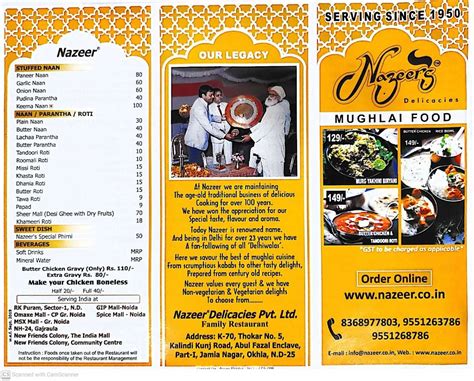 Menu at nazeer since1950, New Delhi