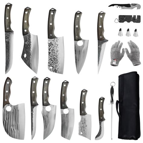 FULLHI 17pcs Butcher Chef Knife Set include sheath High Carbon Steel ...