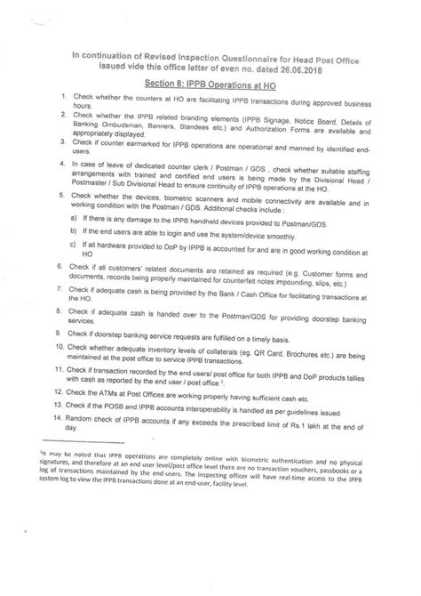 Supplementary Inspection Questionnaire (Set No. 1 ) for IPPB Operations ...