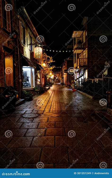 Cobblestone Street at Night in Quartier Petit Champlain, Quebec City Editorial Stock Image ...