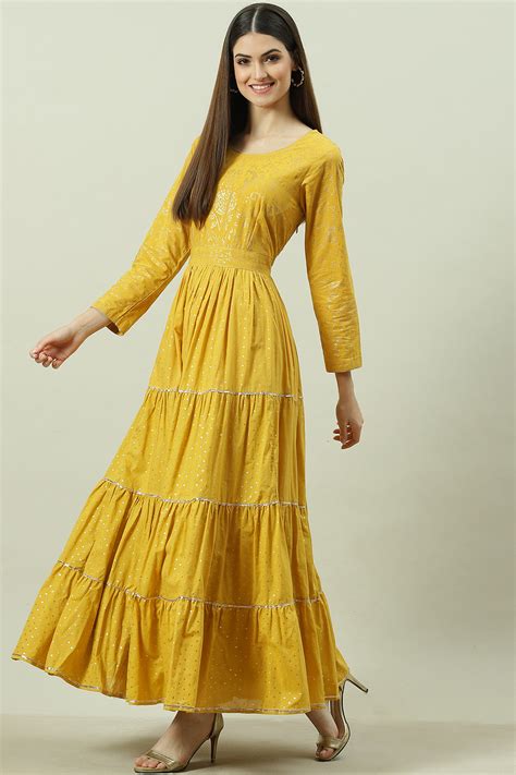 Mustard Cotton Flared Printed Dress at Biba India