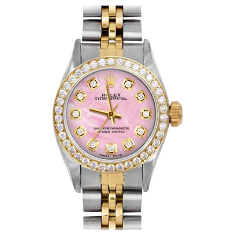 Rolex Ladies TT Oyster Perpetual Pink MOP Diamond Dial Diamond Bezel ...