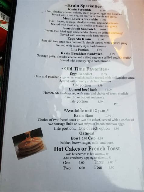 Menu at Krain Corner restaurant, Enumclaw