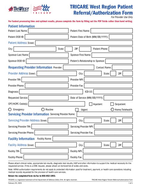 Fillable Online Tricare West Region Patient Referral/authorization Form ...