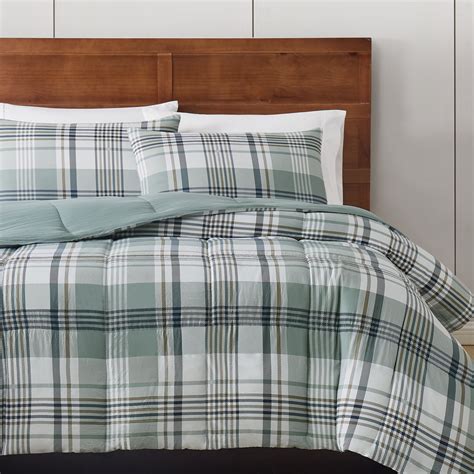 London Fog Full/Queen Sage Plaid Comforter Set with Shams, Garment ...