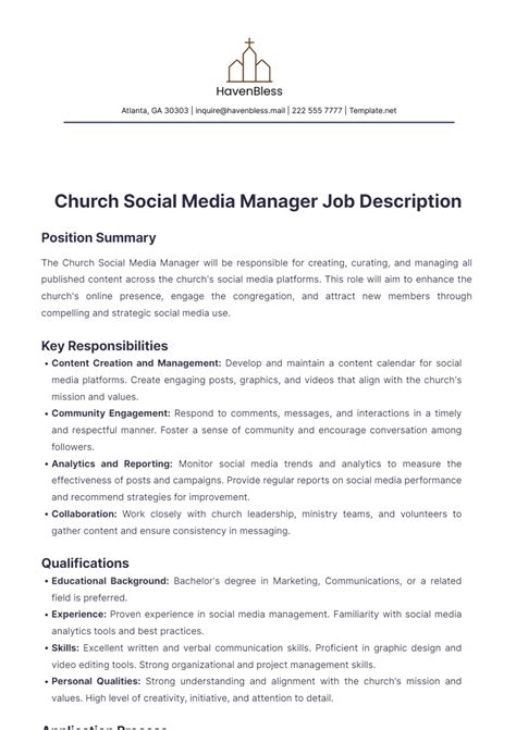 Free Church Social Media Manager Job Description Template to Edit Online