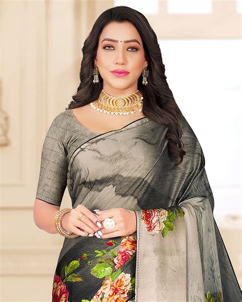 Vishal Prints Off White Digital Print Satin Saree With Stone Diamond W