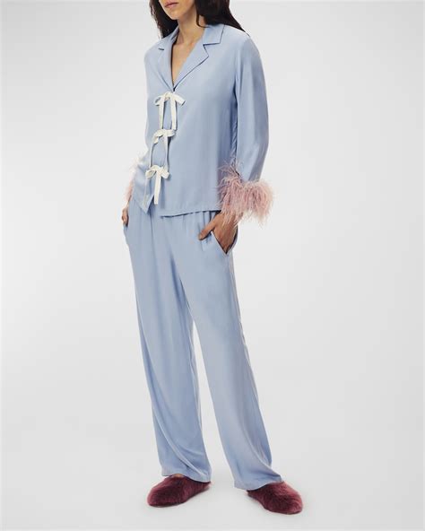 Sleeper The Bow Feather-Trim Pajama Set | Neiman Marcus