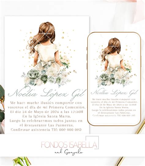 Invitación Primera Comunión imprimible Niña Elegante Rosas Blancas ...