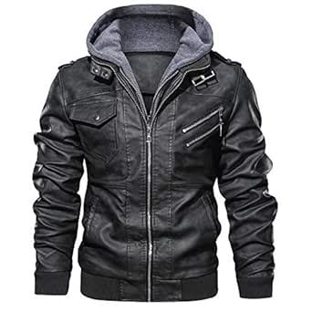 Buy JYG Men's Faux Leather Motorcycle Jacket with Removable Hood Black ...