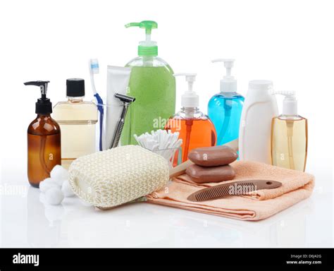assorted personal hygiene products on white background Stock Photo - Alamy